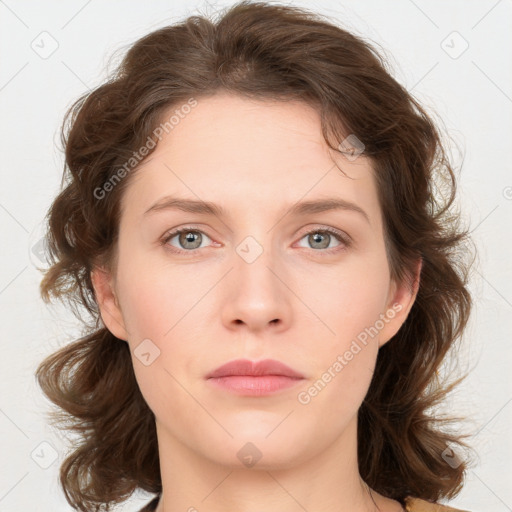 Neutral white young-adult female with medium  brown hair and grey eyes