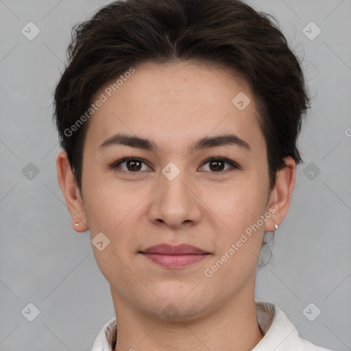 Joyful white young-adult female with short  brown hair and brown eyes