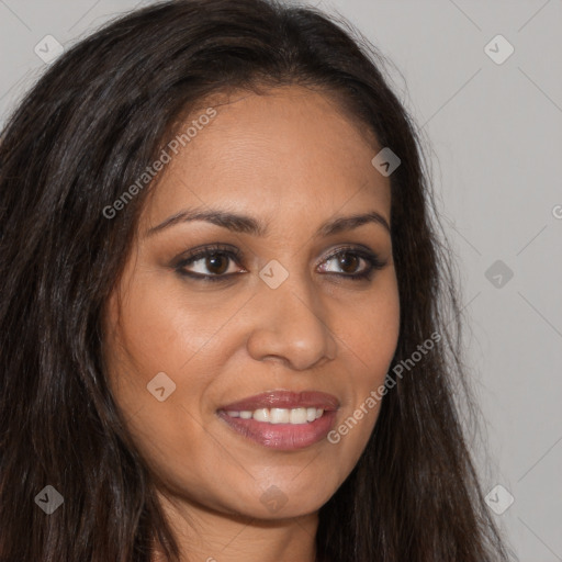 Joyful white young-adult female with long  brown hair and brown eyes