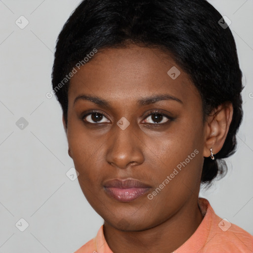 Neutral latino young-adult female with short  black hair and brown eyes
