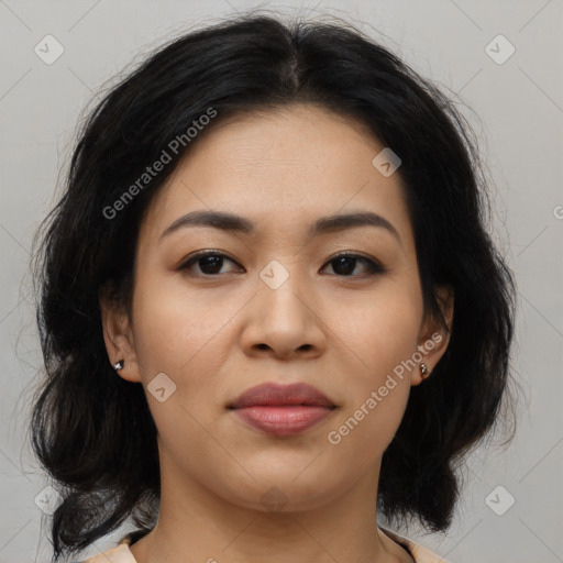 Joyful asian young-adult female with medium  black hair and brown eyes