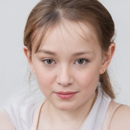 Joyful white child female with medium  brown hair and grey eyes