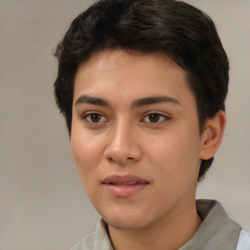 Neutral white young-adult female with short  brown hair and brown eyes