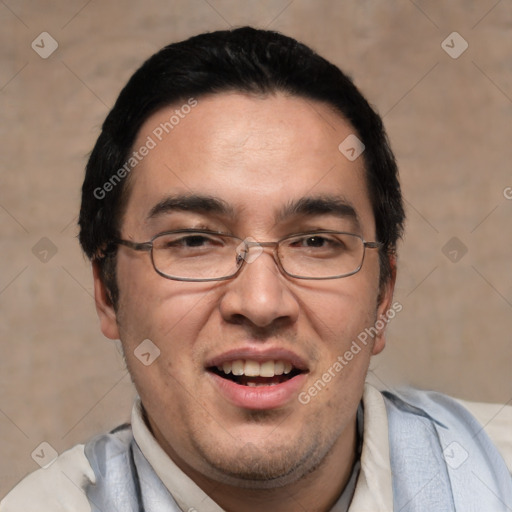 Joyful white adult male with short  black hair and brown eyes