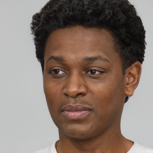 Neutral black young-adult male with short  black hair and brown eyes