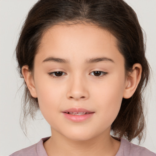 Joyful white child female with medium  brown hair and brown eyes