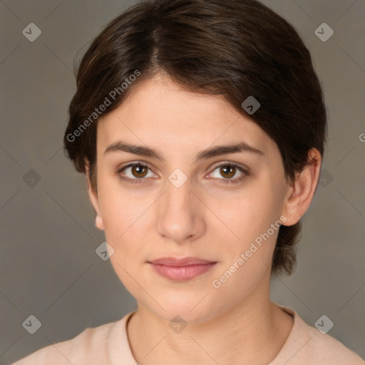 Neutral white young-adult female with medium  brown hair and brown eyes