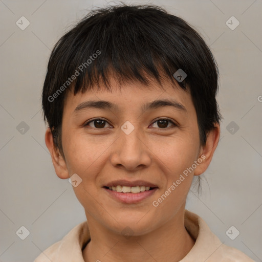 Joyful asian young-adult female with short  brown hair and brown eyes