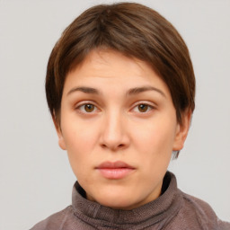 Neutral white young-adult female with short  brown hair and brown eyes