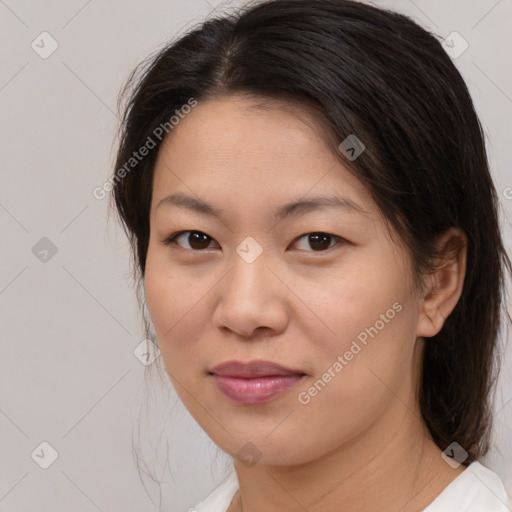 Joyful white young-adult female with medium  brown hair and brown eyes