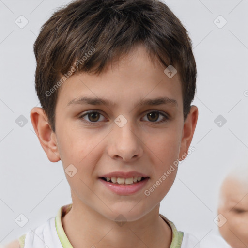 Joyful white child male with short  brown hair and brown eyes