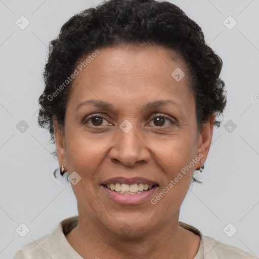 Joyful black adult female with short  brown hair and brown eyes