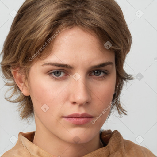 Neutral white young-adult female with medium  brown hair and brown eyes