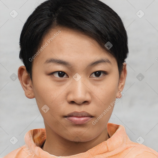 Neutral asian young-adult female with short  brown hair and brown eyes