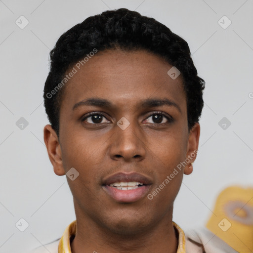 Neutral black young-adult male with short  black hair and brown eyes