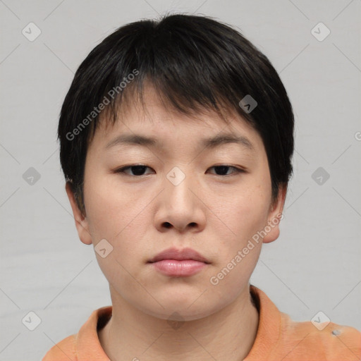 Neutral asian young-adult female with short  brown hair and brown eyes