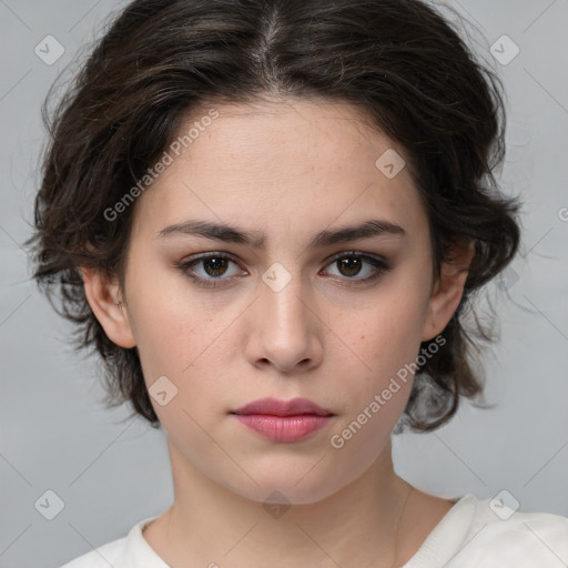 Neutral white young-adult female with medium  brown hair and brown eyes