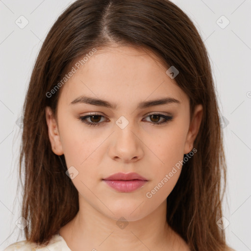 Neutral white young-adult female with long  brown hair and brown eyes