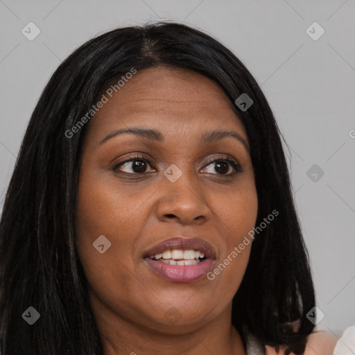 Joyful asian young-adult female with long  brown hair and brown eyes