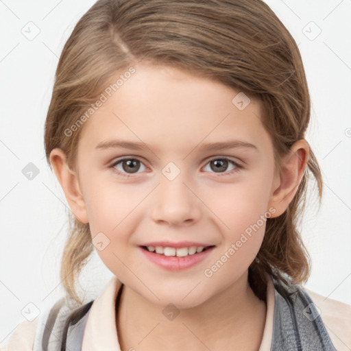 Joyful white child female with medium  brown hair and brown eyes