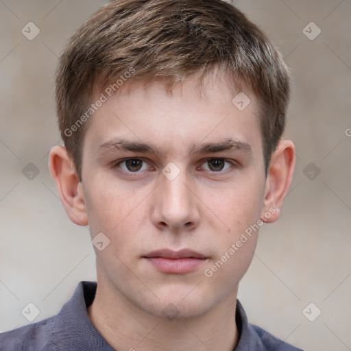 Neutral white young-adult male with short  brown hair and grey eyes