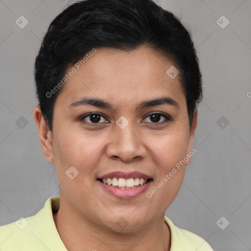 Joyful latino young-adult female with short  brown hair and brown eyes