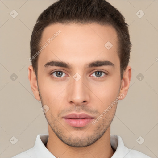 Neutral white young-adult male with short  brown hair and brown eyes