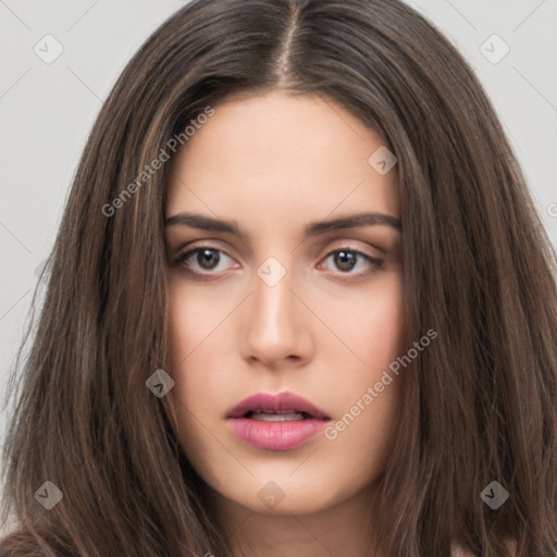 Neutral white young-adult female with long  brown hair and brown eyes