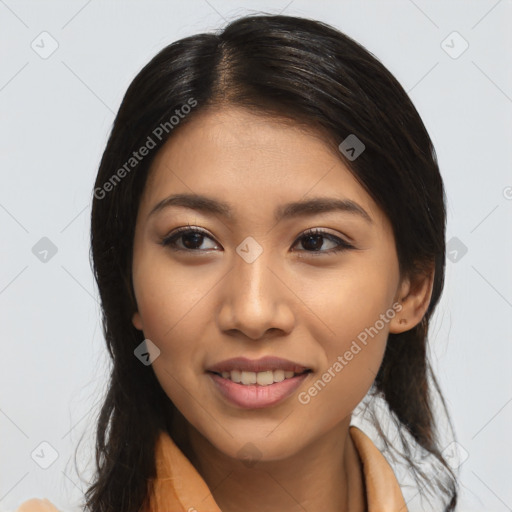 Joyful latino young-adult female with medium  black hair and brown eyes