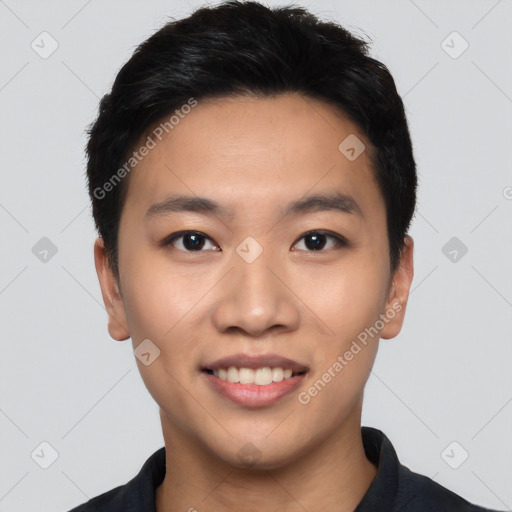 Joyful asian young-adult male with short  black hair and brown eyes