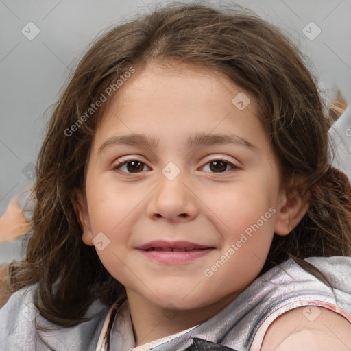 Joyful white child female with medium  brown hair and brown eyes