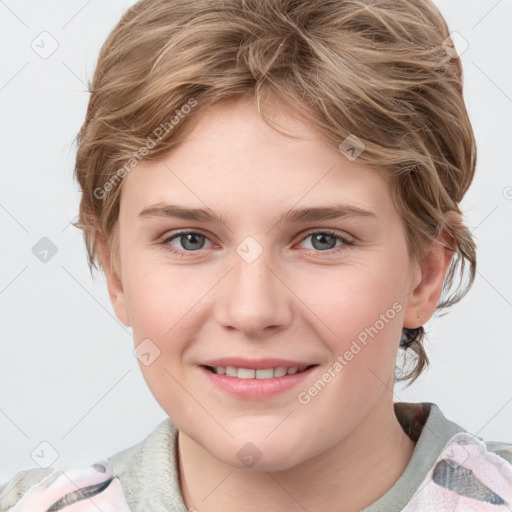 Joyful white young-adult female with medium  brown hair and blue eyes