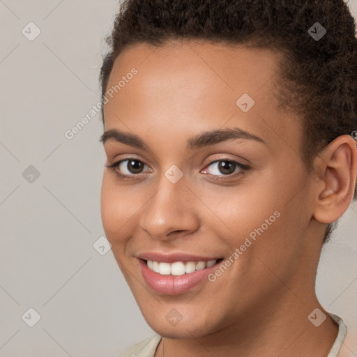 Joyful white young-adult female with short  brown hair and brown eyes