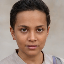 Neutral white young-adult female with short  brown hair and brown eyes