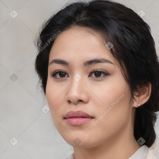 Neutral white young-adult female with medium  brown hair and brown eyes