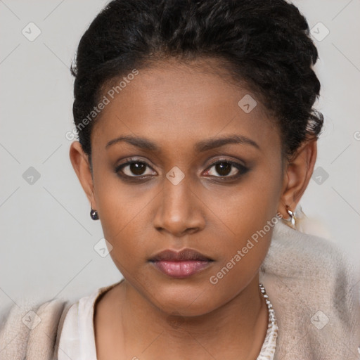 Neutral black young-adult female with short  brown hair and brown eyes