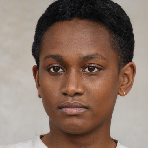 Neutral black young-adult female with short  black hair and brown eyes