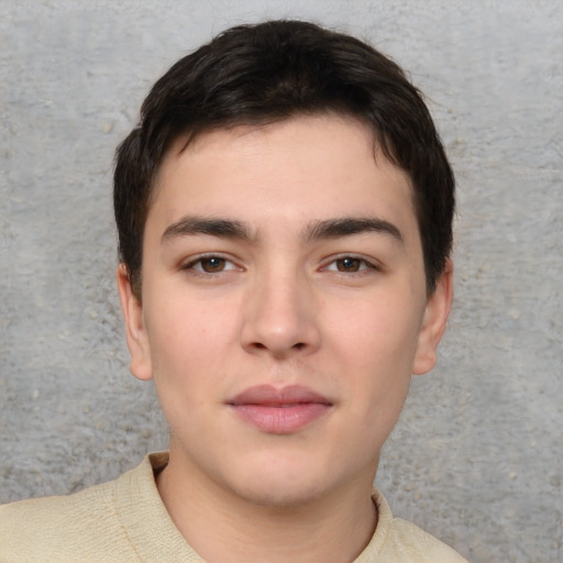 Neutral white young-adult male with short  brown hair and brown eyes