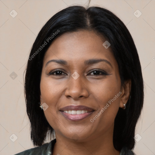 Joyful asian young-adult female with medium  black hair and brown eyes