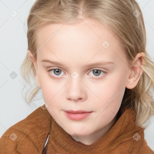 Neutral white child female with medium  brown hair and blue eyes