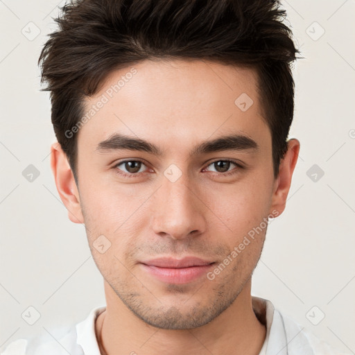 Neutral white young-adult male with short  brown hair and brown eyes