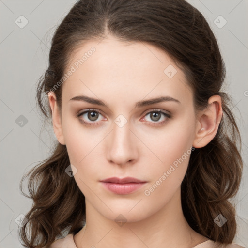 Neutral white young-adult female with medium  brown hair and brown eyes