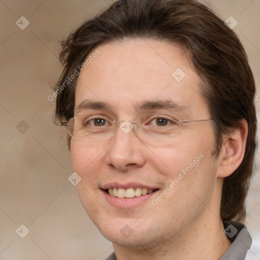 Joyful white adult female with medium  brown hair and brown eyes