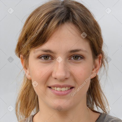 Joyful white young-adult female with medium  brown hair and grey eyes