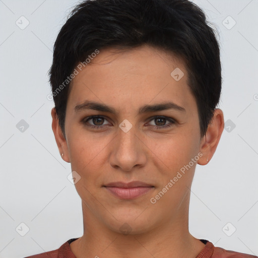 Joyful white young-adult female with short  brown hair and brown eyes