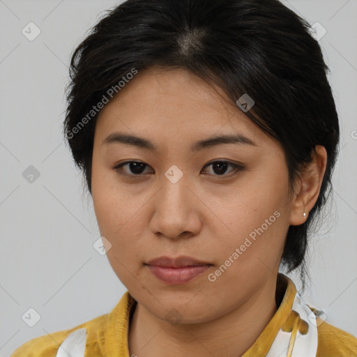 Neutral asian young-adult female with medium  brown hair and brown eyes