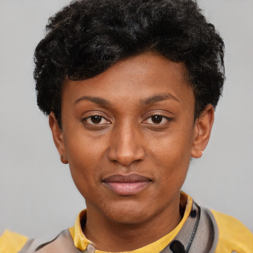 Neutral latino young-adult female with short  black hair and brown eyes