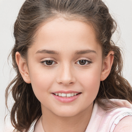 Joyful white child female with medium  brown hair and brown eyes