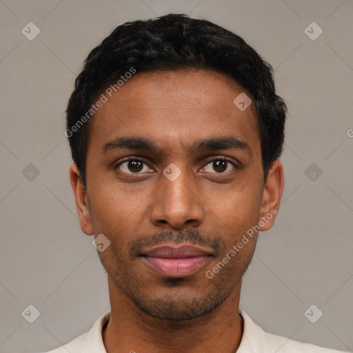 Neutral latino young-adult male with short  black hair and brown eyes