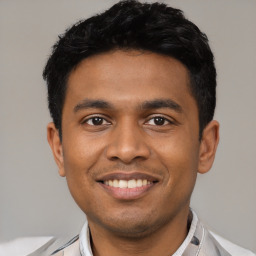 Joyful latino young-adult male with short  black hair and brown eyes